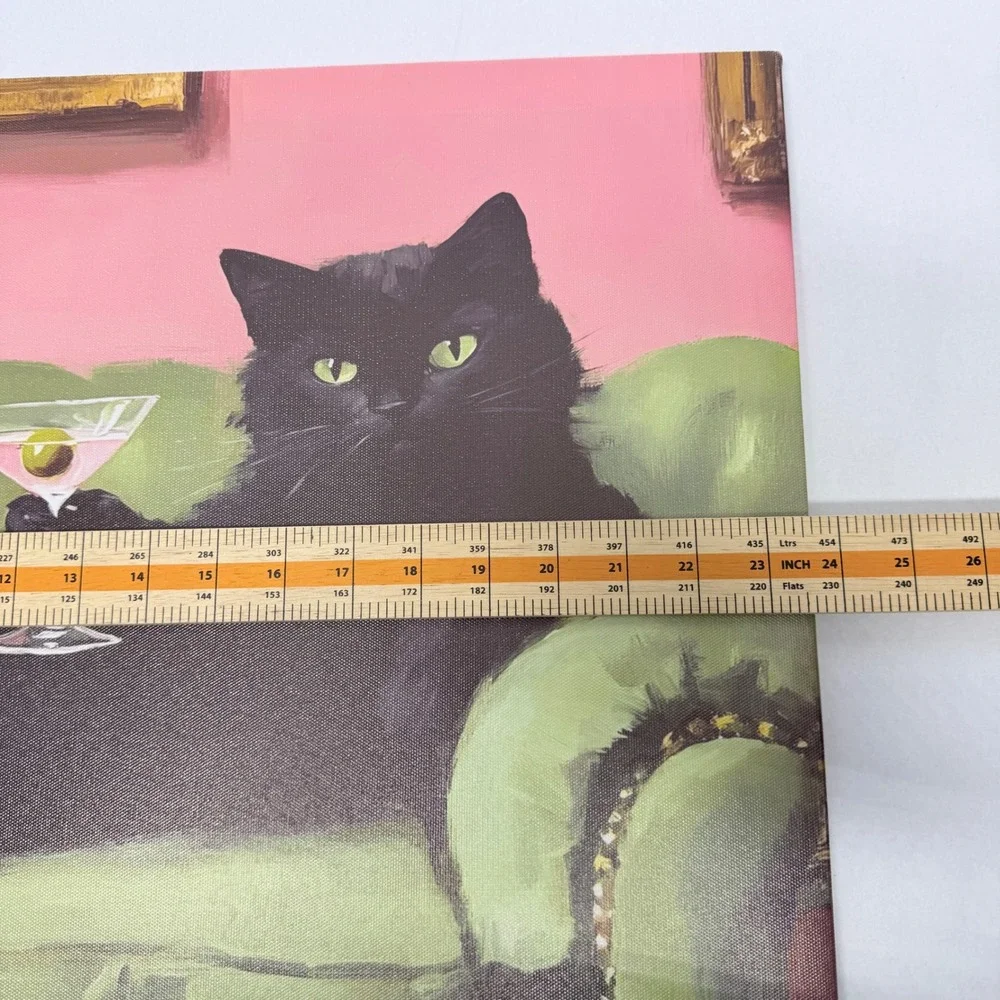 Black Cat Martini Canvas Wall Art Pink Green Whimsical Decor 16x24
